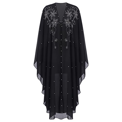IBTOM CASTLE Abaya für Frauen Muslim, Perlen bestickt Maxi Kaftan Kleid Cardigan Kaftan Dubai Arabisch Kimono Robe, Schwarz - Blume, Einheitsgröße von IBTOM CASTLE