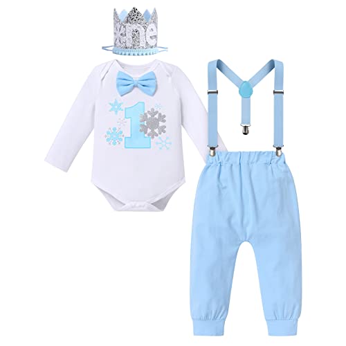 IBTOM CASTLE Baby Jungen 1. Geburtstag Outfit Weihnachten Schneeflocken Fliege Strampler+Hose+Strumpfhose Krone Stirnband Erster Geburtstag Torte Smash Hochzeit Winterkleider Blau（4pcs） 1Jahr von IBTOM CASTLE