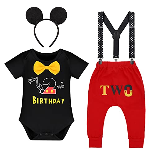 IBTOM CASTLE Baby Jungen 2. Geburtstag Party Mickey Mouse Fancy Outfit Fliege Strampler+Verstellbare Y Hosenträger+Hosen+Stirnband 4pcs Gentleman Fotoshooting Schwarz - 2. Geburtstag 2-3 Jahre von IBTOM CASTLE