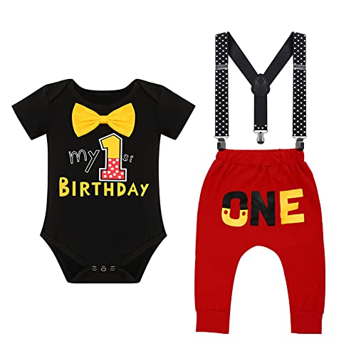 IBTOM CASTLE Baby Jungen Kostüm zum ersten Geburtstag Kuchen Smash Outfits Fliege Strampler + verstellbare Y-Hosenträger + Hose + Maus-Ohren Stirnband 4-teiliges Gentleman-Set Fotoshooting, Schwarz, von IBTOM CASTLE