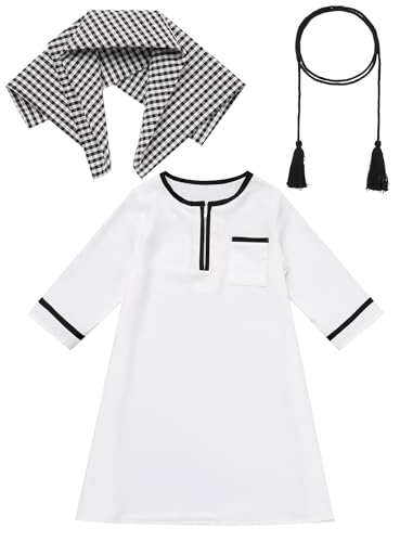 IBTOM CASTLE Baby Jungen Muslimische Gebetskleidung Neugeborenes Mittlerer Osten Arabischen Gebet Outfit Arabisch Dubai Robe Islamische Kaftan+Kopftuch+Rope Langarm Abaya Sets Weiß+Schwarz 3-6M von IBTOM CASTLE