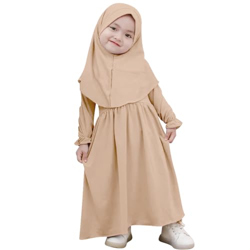 IBTOM CASTLE Baby Mädchen Abaya Muslim Ramadan Gebetskleid Robe Langarm Rüsche mit Hijab Kleid Set Islamische Arabisch Türkische Muslimisches Gebetskleidung Champagner 2-3 Jahre von IBTOM CASTLE