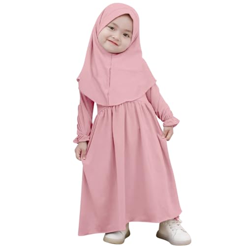 IBTOM CASTLE Baby Mädchen Abaya Muslim Ramadan Gebetskleid Robe Langarm Rüsche mit Hijab Kleid Set Islamische Arabisch Türkische Muslimisches Gebetskleidung Rosa 2-3 Jahre von IBTOM CASTLE