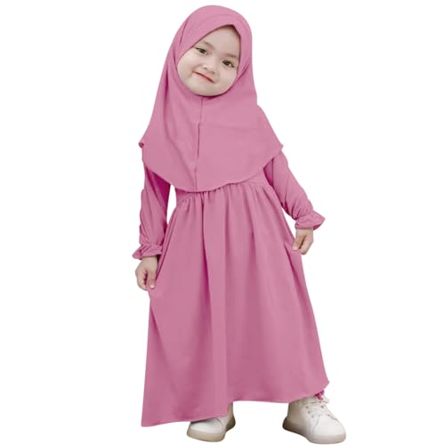 IBTOM CASTLE Baby Mädchen Abaya Muslim Ramadan Gebetskleid Robe Langarm Rüsche mit Hijab Kleid Set Islamische Arabisch Türkische Muslimisches Gebetskleidung Violett rosa 0-6 Monate von IBTOM CASTLE