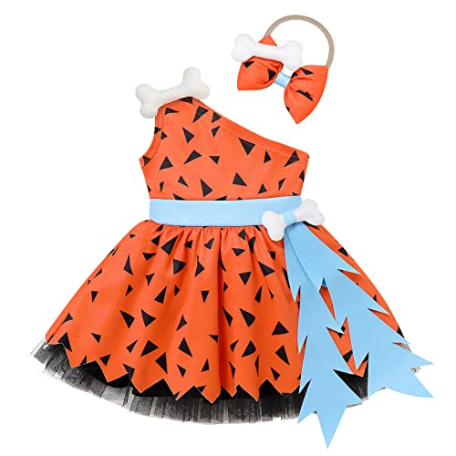 IBTOM CASTLE Baby Mädchen Junge Höhlenmensch Kostüm Outfits Bam Bam Steinzeit Cosplay Fastnachtskostüme Knochen Fasching Feuerstein Halloween Geburtstag Party Outfit Mädchen Orange 18-24 Monate von IBTOM CASTLE