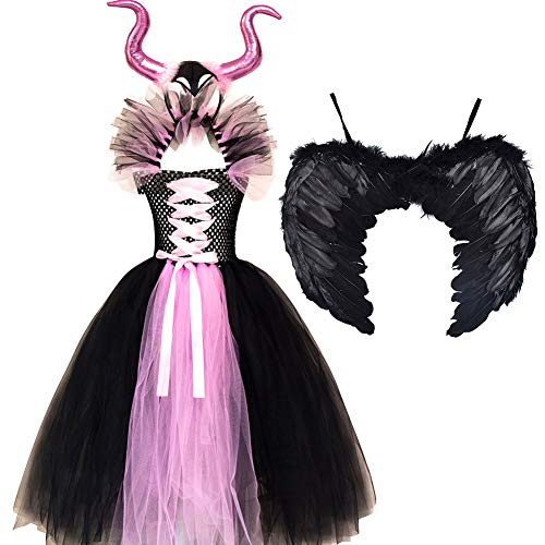 IBTOM CASTLE Baby Mädchen Kostüm Maleficent Kleid Schwarz Böse Fee Costume Beauty and The Beast für Party Cosplay Weihnachten Zeremonie Halloween Bühnenaufführungen Kostüm 06- Rosa 6-7 Jahre von IBTOM CASTLE