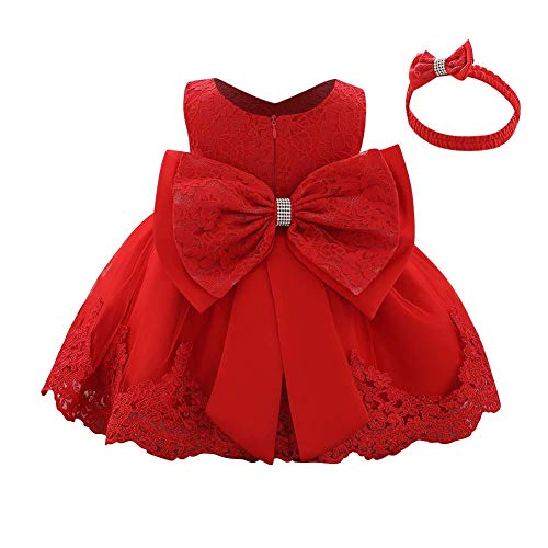 IBTOM CASTLE Baby Mädchen Prinzessin Blume Besticktes Spitzenkleid Ärmellos Bowknot Tutu Tüll Taufkleider Abendparty Brautjungfer Hochzeit Party Taufe Geburtstag Ballkleid Mit Stirnband Rot 4-5 Jahre von IBTOM CASTLE