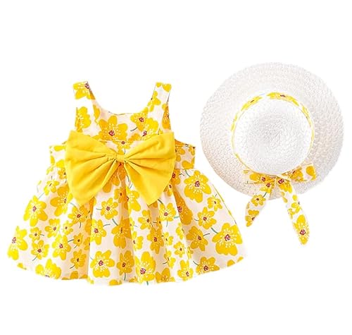 IBTOM CASTLE Baby Sommerkleid Mädchen Kleinkind Boho Blume Tutu Kleid ärmellos Bogenknoten Rückenfrei 1. Geburtstag Mädchen Kleidung mit Stroh Hut Gelb 6-12 Monate von IBTOM CASTLE