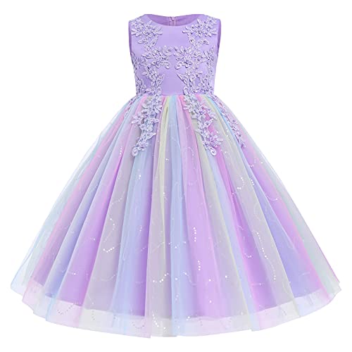 IBTOM CASTLE Blumenmädchen Kleid Prinzessin Spitze Applique Schulterfrei Langes Abendkleid Tüllkleid Hochzeit Brautjungfern Festlich Festzug Formale Partei Cocktailkleid Buntes Lila 7-8 Jahre von IBTOM CASTLE