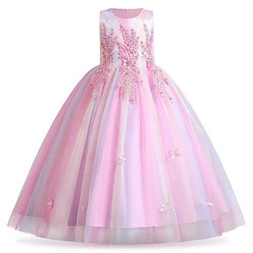 IBTOM CASTLE Blumenmädchenkleid Spitze Bestickt Tüll Prinzessinnen Kleid langes Abschlussballkleid Kinder Festlicher Festzug Hochzeit Brautjungfern Cocktail Partykleid Regenbogen rosa 9-10 Jahre von IBTOM CASTLE