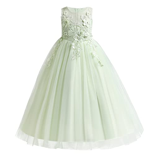 IBTOM CASTLE Blumenmädchenkleid Spitze Bestickt ärmellos Tüll Prinzessinnen Kleid Elegantes langes Abschlussballkleid Kinder Festlicher Festzug Hochzeit Brautjungfern Partykleid Hellgrün 13-14 Jahre von IBTOM CASTLE