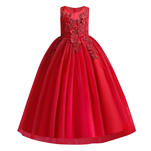 IBTOM CASTLE Blumenmädchenkleid Spitze Bestickt ärmellos Tüll Prinzessinnen Kleid Elegantes langes Abschlussballkleid Kinder Festlicher Festzug Hochzeit Brautjungfern Partykleid Rot 8-9 Jahre von IBTOM CASTLE