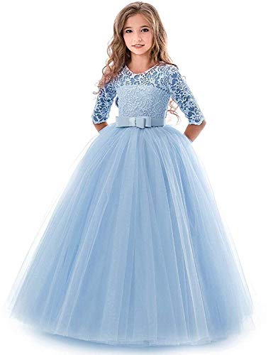 IBTOM CASTLE Blumensmädchenkleid Prinzessin Festliches Herbst Kinder Mädchen Kleid Festzug Kleider Hochzeit Partykleid Blau 5-6 Jahre von IBTOM CASTLE