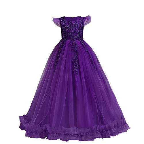 IBTOM CASTLE Blumensmädchenkleid Prinzessin Festliches Kinder Mädchen Blumenspitze Kleid Festzug Kleider Hochzeit Ballkleid Brautjungfern Kleidung Tüll Abendkleid Kommunion Partykleid Lila 5-6 Jahre von IBTOM CASTLE