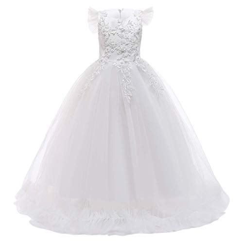 IBTOM CASTLE Blumensmädchenkleid Prinzessin Festliches Kinder Mädchen Blumenspitze Kleid Festzug Kleider Hochzeit Ballkleid Brautjungfern Kleidung Tüll Abendkleid Kommunion Partykleid Weiß 9-10 Jahre von IBTOM CASTLE