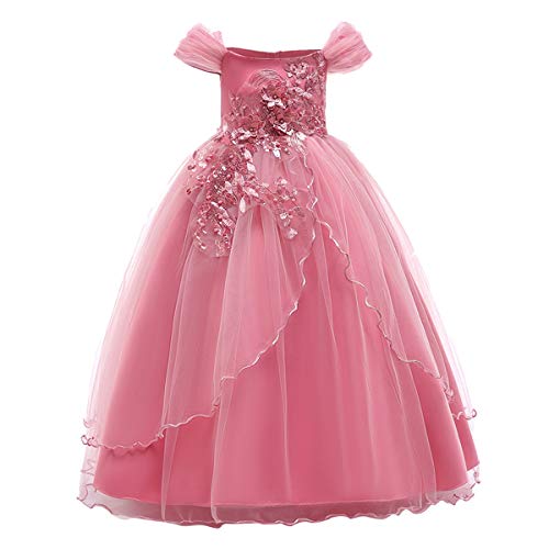 IBTOM CASTLE Blumensmädchenkleid Prinzessin Festliches Kinder Mädchen Kleid Festzug Kleider Hochzeit Ballkleid Brautjungfern Kleidung Blumen Tüll Cocktail Elegant Langes Abendkleid Rosa 7-8 Jahre von IBTOM CASTLE