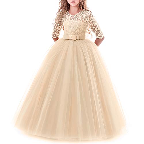 IBTOM CASTLE Brautjungfer Kleider für Mädchen Blumenmädchen Hochzeitskleid Lange Ärmel Schmetterling Festzug Spitze Champagner 5-6 Jahre von IBTOM CASTLE