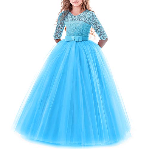 IBTOM CASTLE Brautjungfer Kleider für Mädchen Blumenmädchen Hochzeitskleid Lange Ärmel Schmetterling Festzug Spitze Königsblau 9-10 Jahre von IBTOM CASTLE