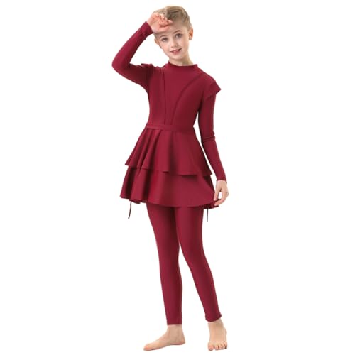 IBTOM CASTLE Burkini Schwimmanzug Badeanzug Kinder Mädchen Muslim Langarm Rüsche Islamische Full Cover Rash Guard Modest Bademode Burgunderrot 6-7 Jahre von IBTOM CASTLE