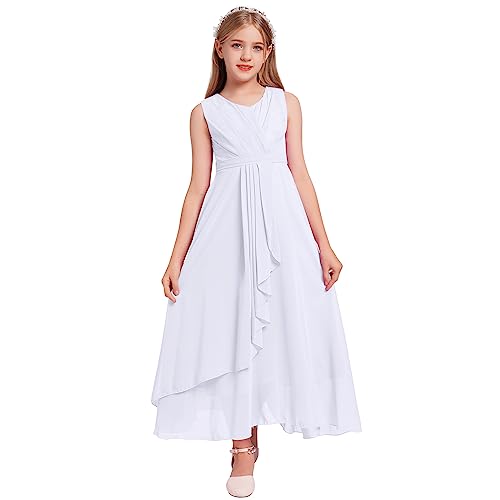 IBTOM CASTLE Chiffon Junior Brautjungfer Kleid Blumenmädchen Kleid für Hochzeit Flowy Prinzessin Festzug Partykleider Großes Mädchen Geburtstag Abend Formale Kleider Ball Ballkleid Weiß 11-12 Jahre von IBTOM CASTLE