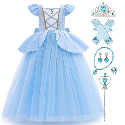 IBTOM CASTLE Cinderella Kleid Kostüme Kinder für Mädchen, Prinzessin Kleid Mädchen Cosplay Festlich Karneval Festkleid Maxikleid Geburtstagsfeier Fest-Kleid mit Zubehörteilen Blaue Kutsche 4-5 Jahre von IBTOM CASTLE