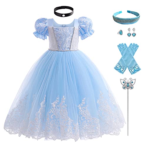 IBTOM CASTLE Cinderella Kleid Mädchen Kinder Aschenputtel Prinzessinenkleid Kostüm Karneval Faschingskostüm Lang Ballkleid Cosplay Party Halloween Langarm Festkleid+Zubehör Hellblau 11-12 Jahre von IBTOM CASTLE