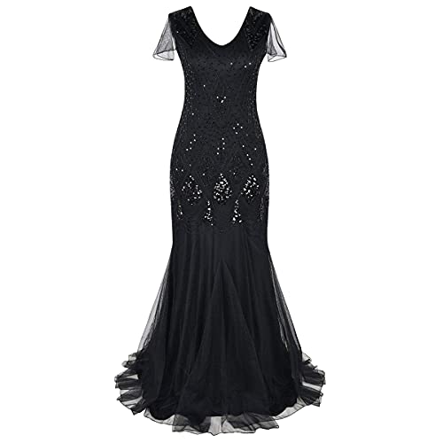 IBTOM CASTLE Cocktailkleid, Damen, Partykleid, Gatsby-Kostüm, transparent, Flapper, 1920, V-Ausschnitt, Abendkleid, Pailletten, ärmellos, für Abend, Kunst, Deko, Tango, Schwarz , L–XL von IBTOM CASTLE