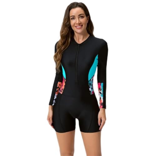 IBTOM CASTLE Damen Badeanzug Floral Zipper Rashguard Langarm/Kurzarm Badeanzug Badeshirt Boyleg Surfen Neoprenanzug Einteilig Badebekleidung Farbe F M von IBTOM CASTLE