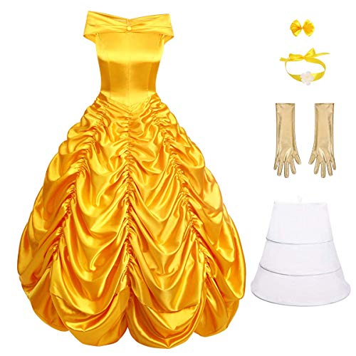 IBTOM CASTLE Damen Belle Kleid Erwachsene Halloween Fasching Karneval Prinzessin Kostüm Festlich Cosplay Party Gelbes Maxikleid mit Handschuhe Märchen Hochzeit Verkleidung Weihnachten Gelb2 2XL von IBTOM CASTLE