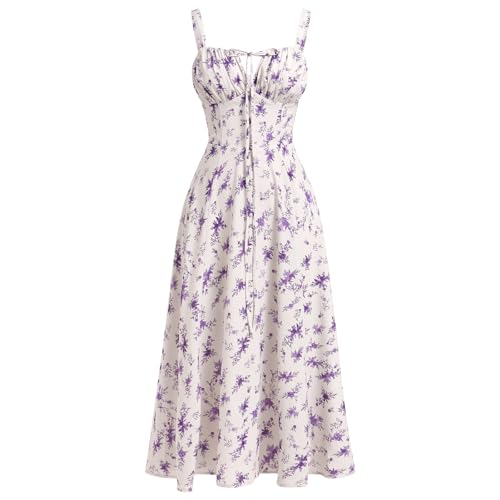 IBTOM CASTLE Damen Blumen Korsett Kleid Quadratischer Ausschnitt Spaghettiträger Sommer Boho Sonnenkleid Lässig Flowy Schlitz Bustier Kleider Lila-Blumen M von IBTOM CASTLE