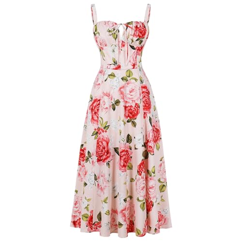 IBTOM CASTLE Damen Blumen Korsett Kleid Quadratischer Ausschnitt Spaghettiträger Sommer Boho Sonnenkleid Lässig Flowy Schlitz Bustier Kleider Rosa/Große Blume XL von IBTOM CASTLE