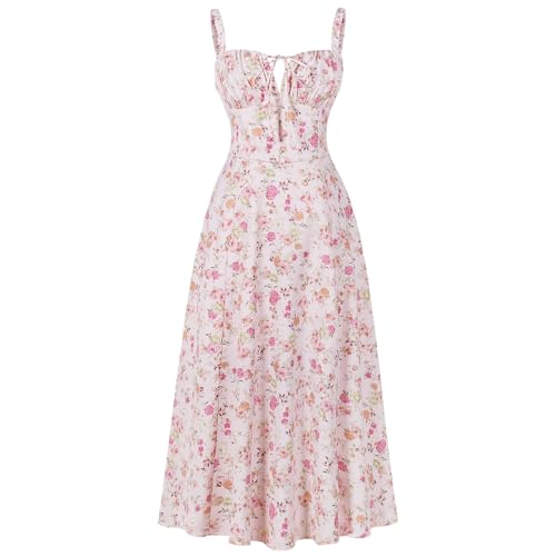 IBTOM CASTLE Damen Blumen Korsett Kleid Quadratischer Ausschnitt Spaghettiträger Sommer Boho Sonnenkleid Lässig Flowy Schlitz Bustier Kleider Rosa/kleine Rosa Blume L von IBTOM CASTLE