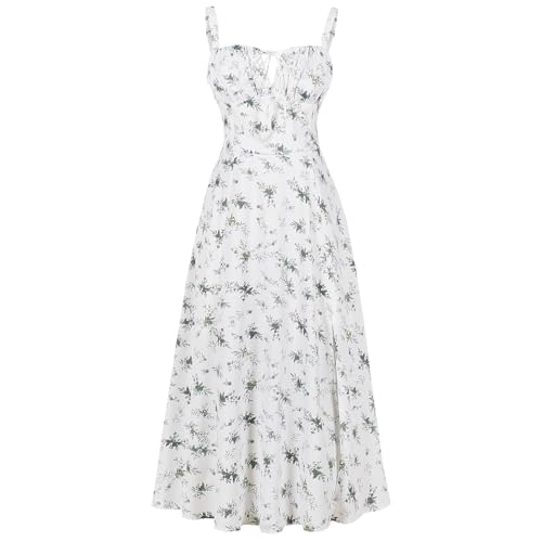 IBTOM CASTLE Damen Blumen Korsett Kleid Quadratischer Ausschnitt Spaghettiträger Sommer Boho Sonnenkleid Lässig Flowy Schlitz Bustier Kleider Weiß/Grüne Blume L von IBTOM CASTLE