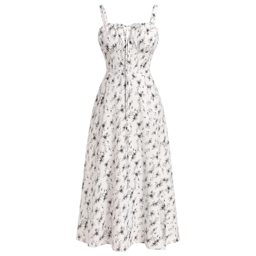 IBTOM CASTLE Damen Blumen Korsett Kleid Quadratischer Ausschnitt Spaghettiträger Sommer Boho Sonnenkleid Lässig Flowy Schlitz Bustier Kleider Weiß-Blumen M von IBTOM CASTLE