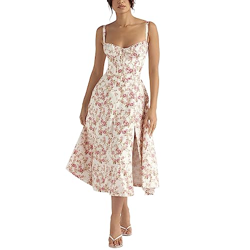 IBTOM CASTLE Damen Blumen Korsett Kleid Quadratischer Ausschnitt Spaghettiträger Sommer Boho Sonnenkleid Lässig Flowy Schlitz Bustier Kleider Weiß-Rosa L von IBTOM CASTLE