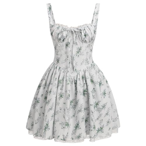 IBTOM CASTLE Damen Blumen Korsett Kleid Spaghettiträger Minikleid Sommer Boho-Kleid Rüschen Sonnenkleid Lässig Flowy Bustier Kleider Kurz-Grüne Blätter S von IBTOM CASTLE