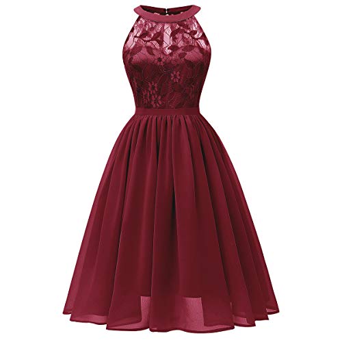 IBTOM CASTLE Damen Elegant Prinzessin Kleid Chiffon Neckholder Floral Spitze Brautjungfern Ärmellos Cocktailkleider Hochzeitsfeie Ballkleid Abendkleid Kurz Abschlusskleider Weinrot S/EU32-34 von IBTOM CASTLE