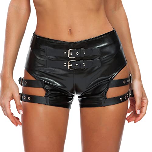 IBTOM CASTLE Damen Gothic Kunstleder Shorts Frauen Sexy Hohe Taille Aushöhlen Pu Leder Kurze Nachtclub Tanz Bodycon Shorts Disco Rave Party Hot Pants Schwarz B M von IBTOM CASTLE