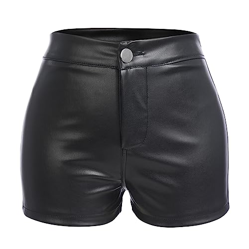 IBTOM CASTLE Damen Gothic Kunstleder Shorts Frauen Sexy Hohe Taille Aushöhlen Pu Leder Kurze Nachtclub Tanz Bodycon Shorts Disco Rave Party Hot Pants Schwarz-Klassik L von IBTOM CASTLE