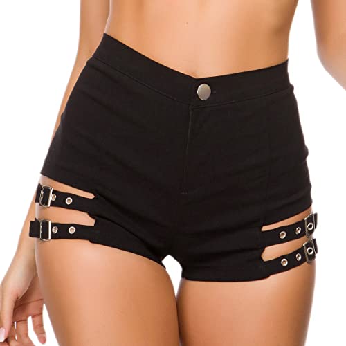 IBTOM CASTLE Damen Gothic Kunstleder Shorts Frauen Sexy Hohe Taille Aushöhlen Pu Leder Kurze Nachtclub Tanz Bodycon Shorts Disco Rave Party Hot Pants Schwarz-Polyester XL von IBTOM CASTLE