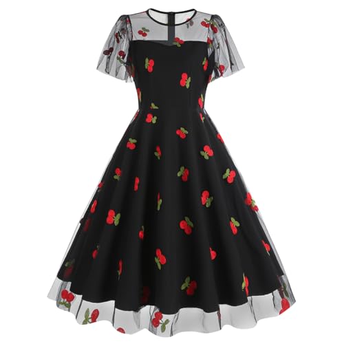 IBTOM CASTLE Damen Kleid Vintage Kleid mit Herzen Valentinstag Rockabilly Mesh Prinzessin Tüllkleider A Linien Midikleid Elegant Coctailkleid Party Kirsche Schwarz M von IBTOM CASTLE