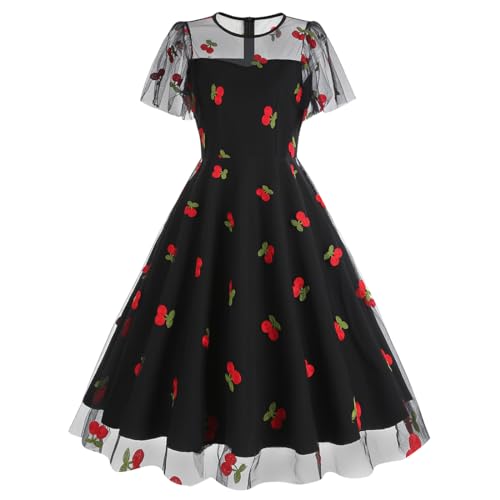 IBTOM CASTLE Damen Kleid Vintage Kleid mit Herzen Valentinstag Rockabilly Mesh Prinzessin Tüllkleider A Linien Midikleid Elegant Coctailkleid Party Kirsche Schwarz XXL von IBTOM CASTLE
