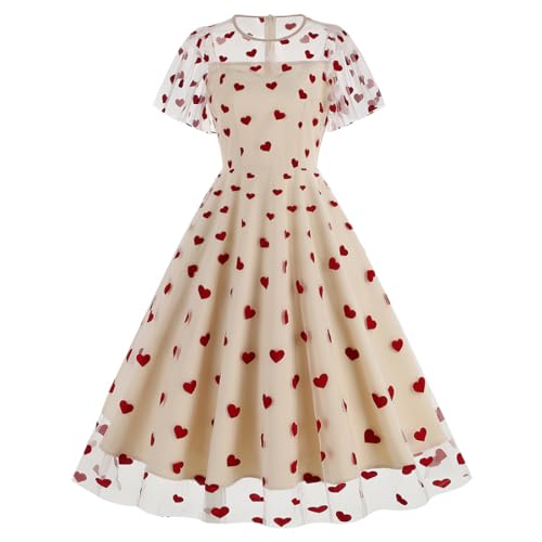 IBTOM CASTLE Damen Kleid Vintage Kleid mit Herzen Valentinstag Rockabilly Mesh Prinzessin Tüllkleider A Linien Midikleid Elegant Coctailkleid Party Liebe Aprikose XL von IBTOM CASTLE