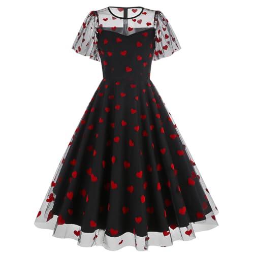 IBTOM CASTLE Damen Kleid Vintage Kleid mit Herzen Valentinstag Rockabilly Mesh Prinzessin Tüllkleider A Linien Midikleid Elegant Coctailkleid Party Liebe Schwarz M von IBTOM CASTLE