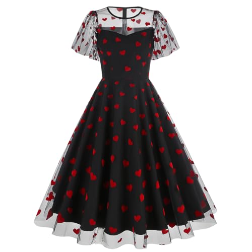 IBTOM CASTLE Damen Kleid Vintage Kleid mit Herzen Valentinstag Rockabilly Mesh Prinzessin Tüllkleider A Linien Midikleid Elegant Coctailkleid Party Liebe Schwarz XXL von IBTOM CASTLE