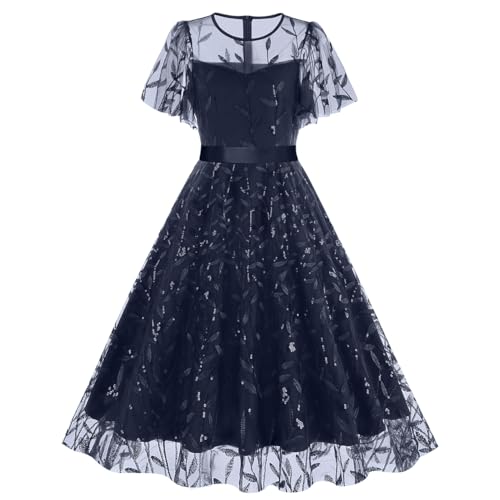 IBTOM CASTLE Damen Kleid Vintage Kleid mit Herzen Valentinstag Rockabilly Mesh Prinzessin Tüllkleider A Linien Midikleid Elegant Coctailkleid Party Stickerei Navy blau M von IBTOM CASTLE