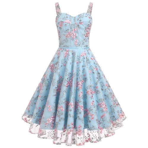 IBTOM CASTLE Damen Kleid mit Blumenstickerei 1950er-Jahre-Stil ärmellos Spaghettiträger Boho-Sommerkleid Cocktailkleid Tüll Partykleid Abendkleid Tanzkleid Hellblau S von IBTOM CASTLE