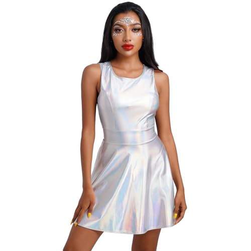 IBTOM CASTLE Damen Metallic Kleid Kurz Minikleid Ärmellos Party Kleid Holografisch Glitzer Wetlook Rock Kleid Kostüm Glänzed Metallic Mottoparty Verkleidung Silber XL von IBTOM CASTLE