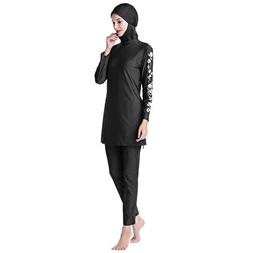 IBTOM CASTLE Damen Muslimische Badeanzug Frauen Burkini Badebekleidung LangarmBescheidenes Schwimmhemd Hose Badekappe Vollständige Abdeckung Islamischer Hijab Arabische Badeanzüge Schwarz+Blumen 3XL von IBTOM CASTLE