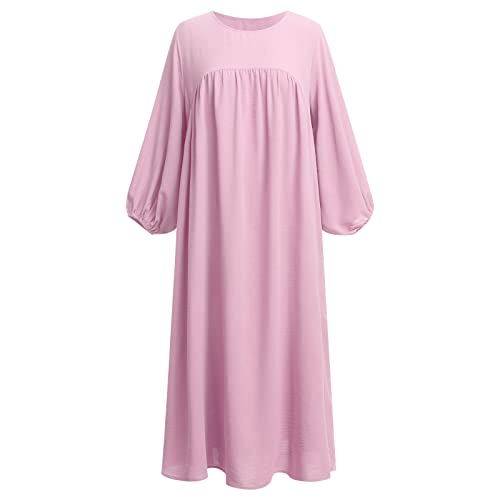 IBTOM CASTLE Damen Muslimische Kleider Einfarbig Lockere Passform Puffärmel Muslim Maxi Kleid Saudi Arabien Dubai Abaya Roben Rosa M von IBTOM CASTLE
